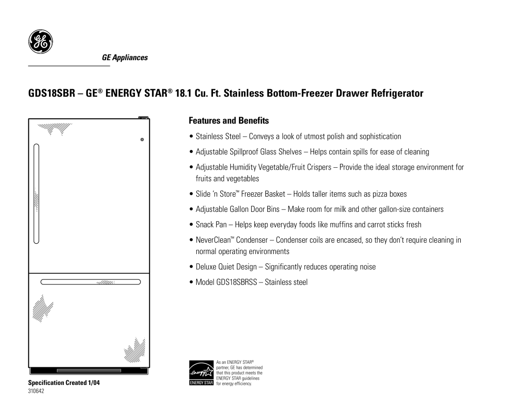 GE GDS18SBRSS dimensions Features and Benefits 