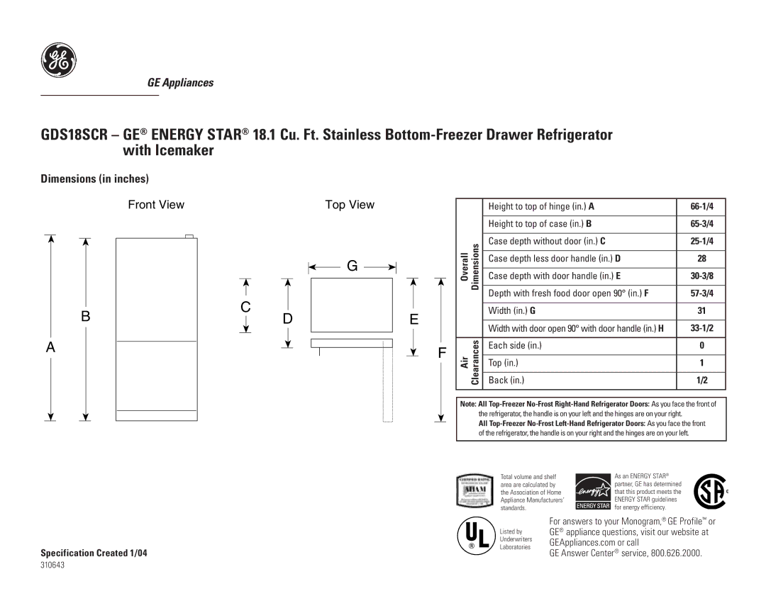 GE GDS18SCRSS, GDS18SBR dimensions Dimensions in inches, Front View Top View 