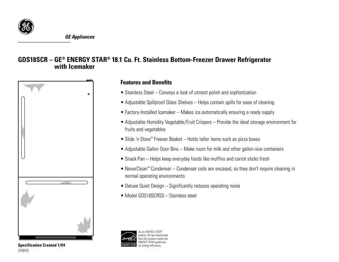 GE GDS18SBR, GDS18SCRSS dimensions Features and Benefits 