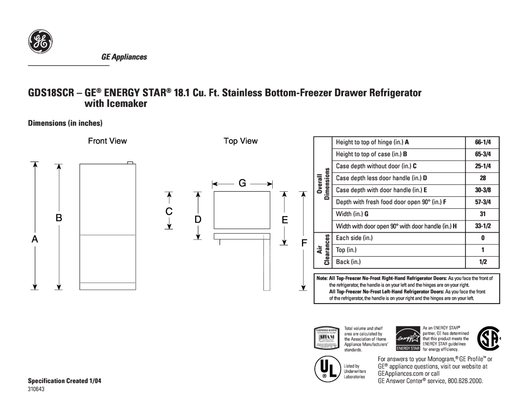 GE GDS18SCRSS, GDS18SBR dimensions GE Appliances, Dimensions in inches, Front View, Top View 