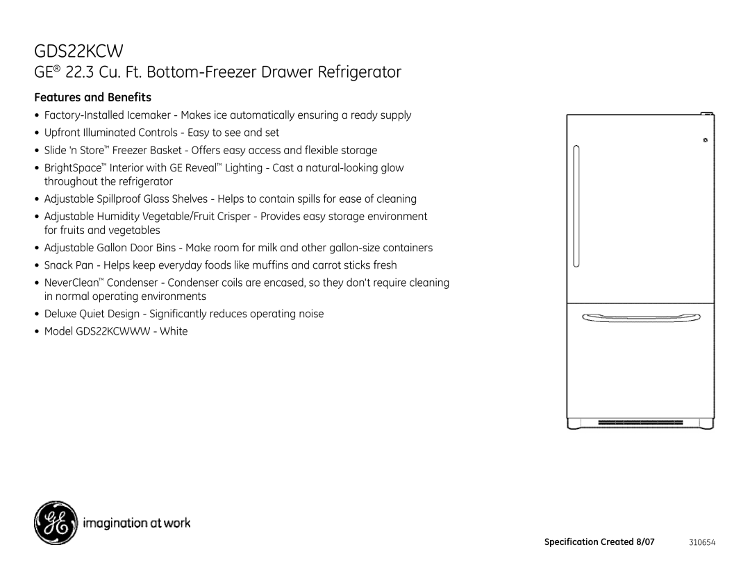 GE GDS22KCW dimensions Features and Benefits 