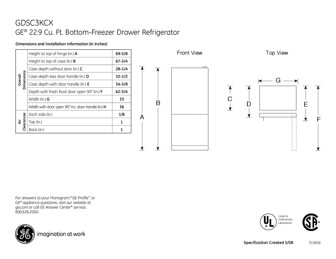 GE GDSC3KCX dimensions GE 22.9 Cu. Ft. Bottom-Freezer Drawer Refrigerator, Front View 