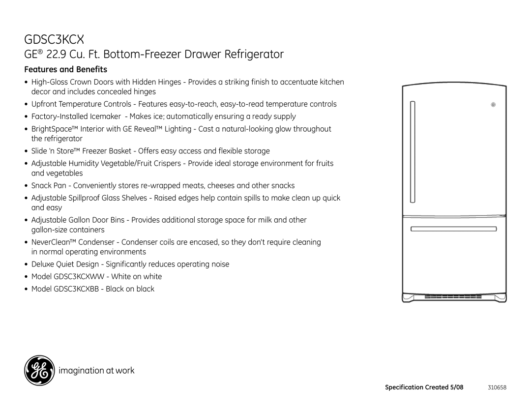 GE GDSC3KCX dimensions Features and Benefits 