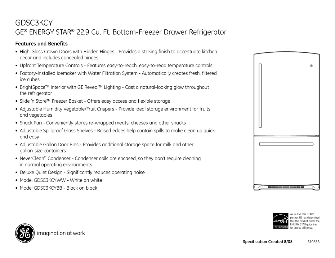 GE GDSC3KCY dimensions Features and Benefits 