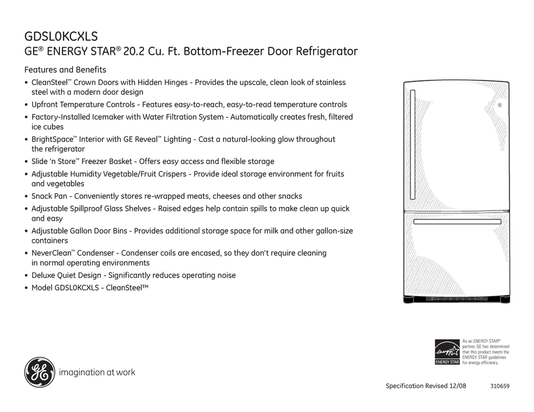 GE GDSL0KCXLS dimensions Features and Benefits 