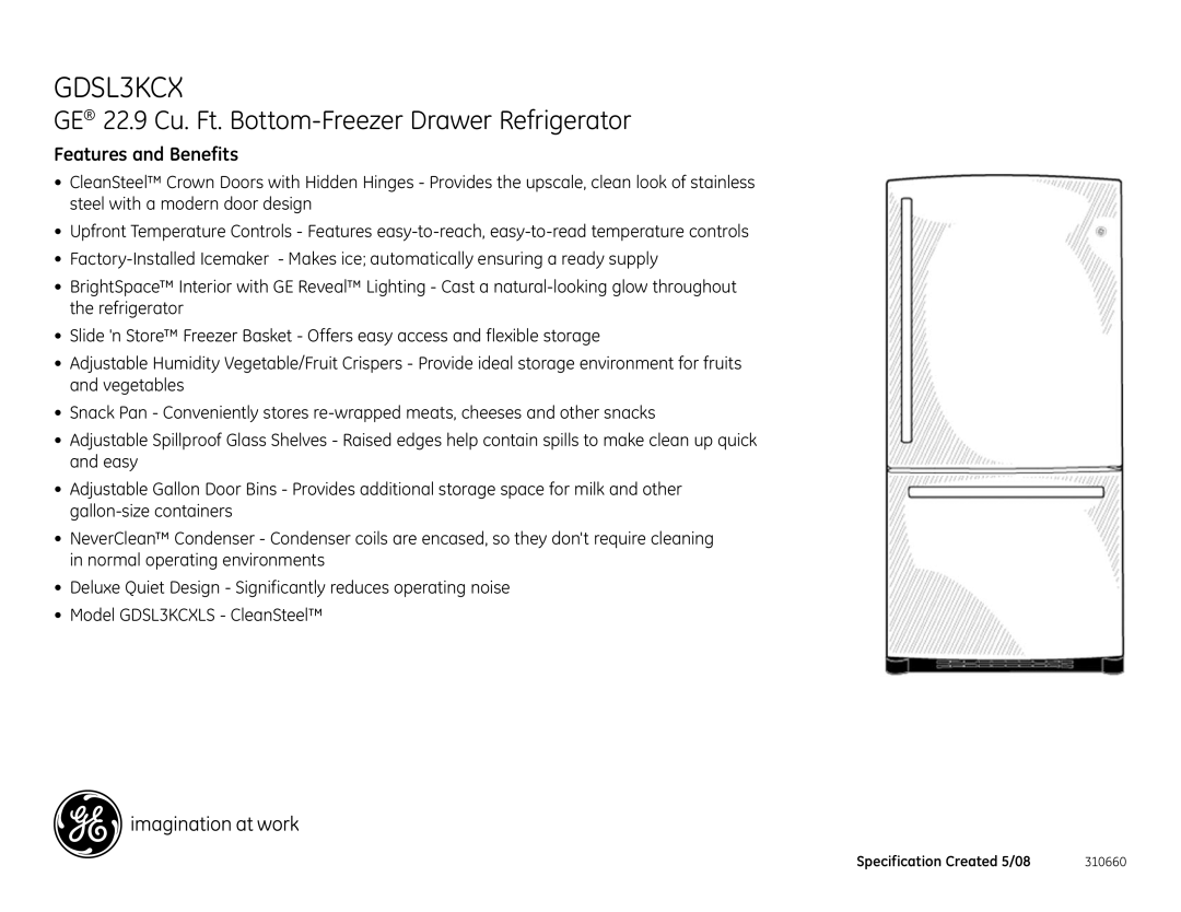 GE GDSL3KCX dimensions Features and Benefits 