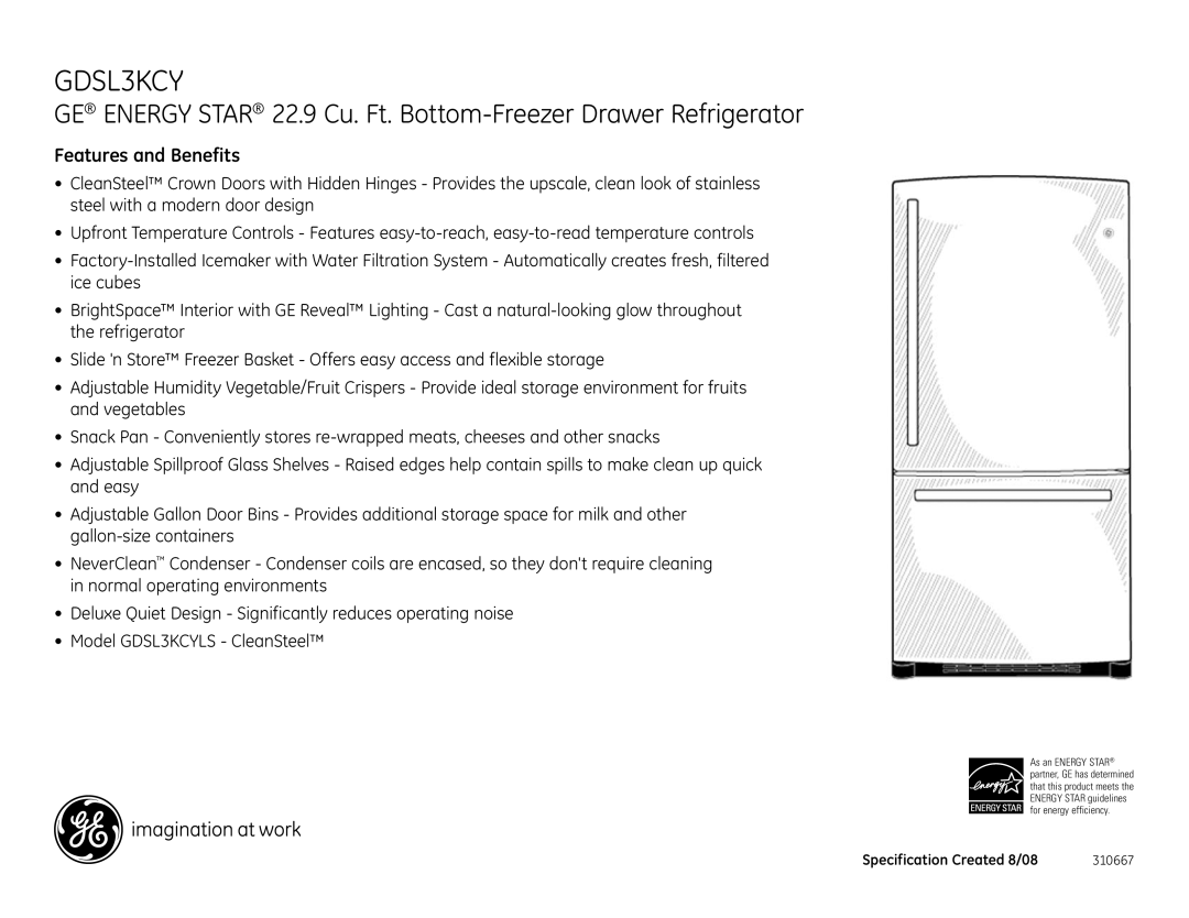 GE GDSL3KCY dimensions Features and Benefits 