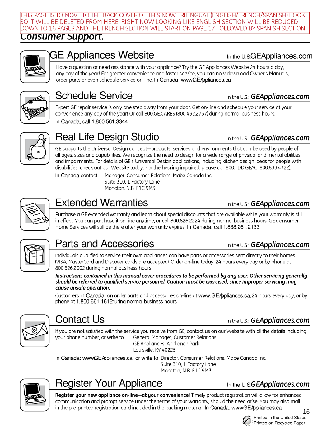 GE gdt510-540 owner manual Consumer Support, U.S. GEAppliances.com, U..S.. GEAppliances.com 