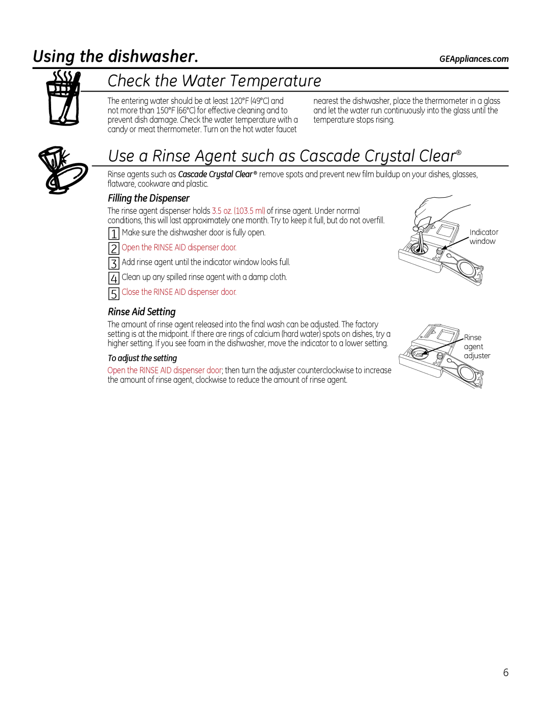 GE gdt510-540 Using the dishwasher, Filling the Dispenser, Rinse Aid Setting, Make sure the dishwasher door is fully open 