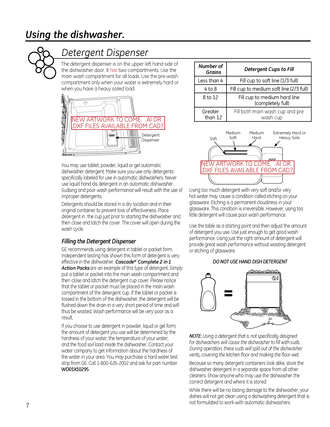 GE gdt510-540 owner manual Filling the Detergent Dispenser, Number Detergent Cups to Fill 