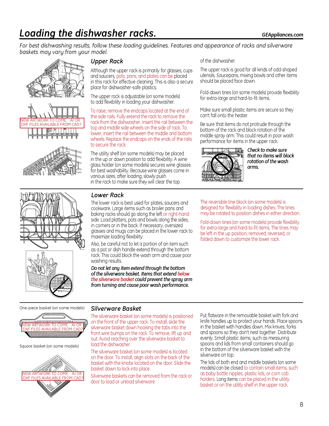 GE gdt510-540 owner manual Loading the dishwasher racks, Upper Rack, Lower Rack, Silverware Basket 