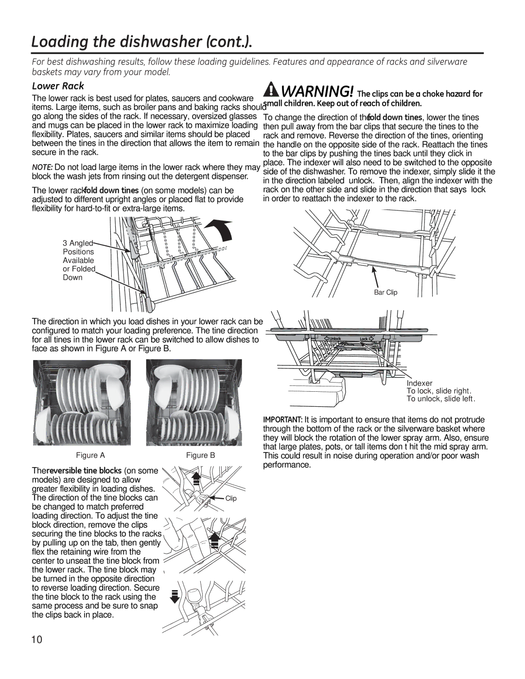 GE GDT580SMFES Lower Rack, Angled Positions Available or Folded Down, Indexer To lock, slide right To unlock, slide left 