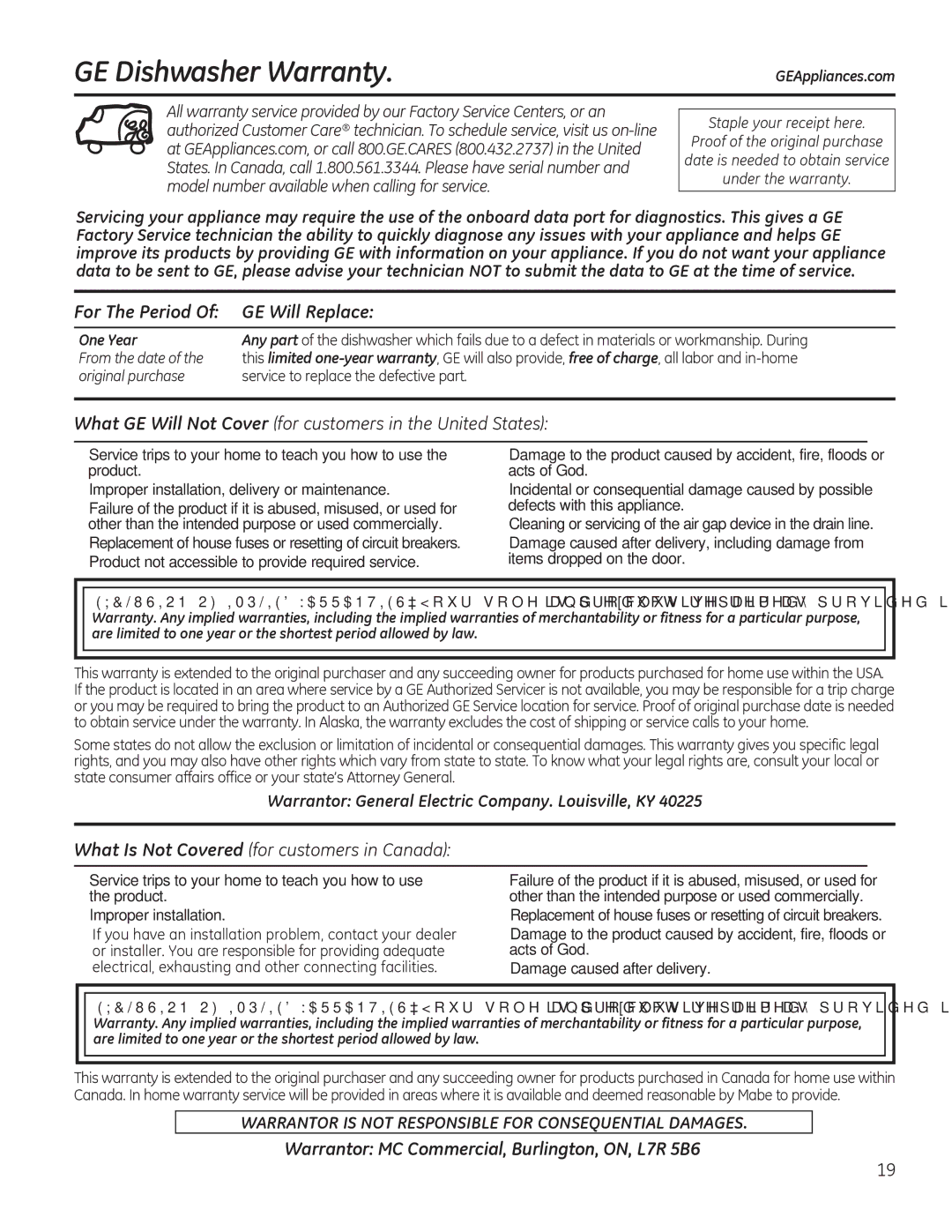 GE GDF520PGDWW GE Dishwasher Warranty, For The Period GE Will Replace, Warrantor MC Commercial, Burlington, ON, L7R 5B6 