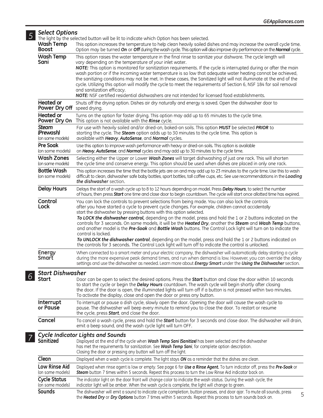 GE GDF520PSFSS, GDT580SSFSS, GDF520PGDWW, GDT720SSFSS, GDF520PGDBB, GDT580SMFES owner manual Select Options, Start Dishwasher 