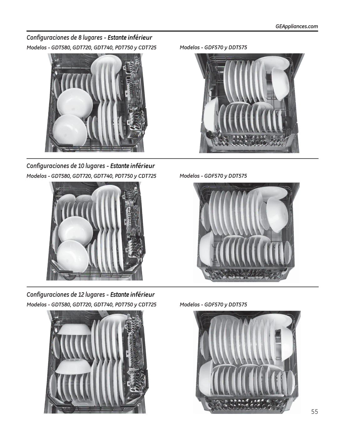 GE GDF520PGDWW owner manual Configuraciones de 8 lugares Estante inférieur, Configuraciones de 10 lugares Estante inférieur 