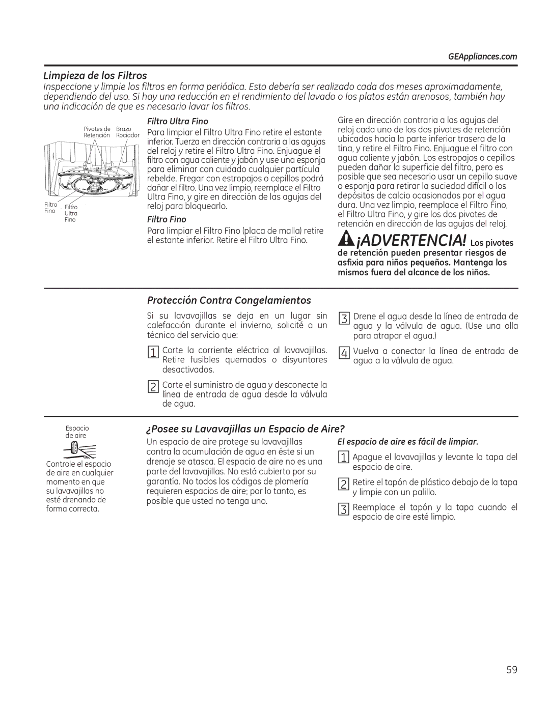 GE GDF520PSFSS, GDT580SSFSS ¡ADVERTENCIA! Los pivotes, Limpieza de los Filtros, Protección Contra Congelamientos 