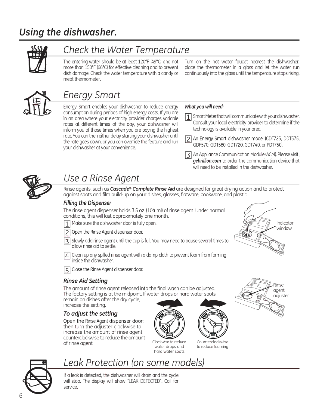 GE GDT580SSFSS, GDF520PGDWW, GDT720SSFSS Using the dishwasher, Check the Water Temperature, Energy Smart, Use a Rinse Agent 