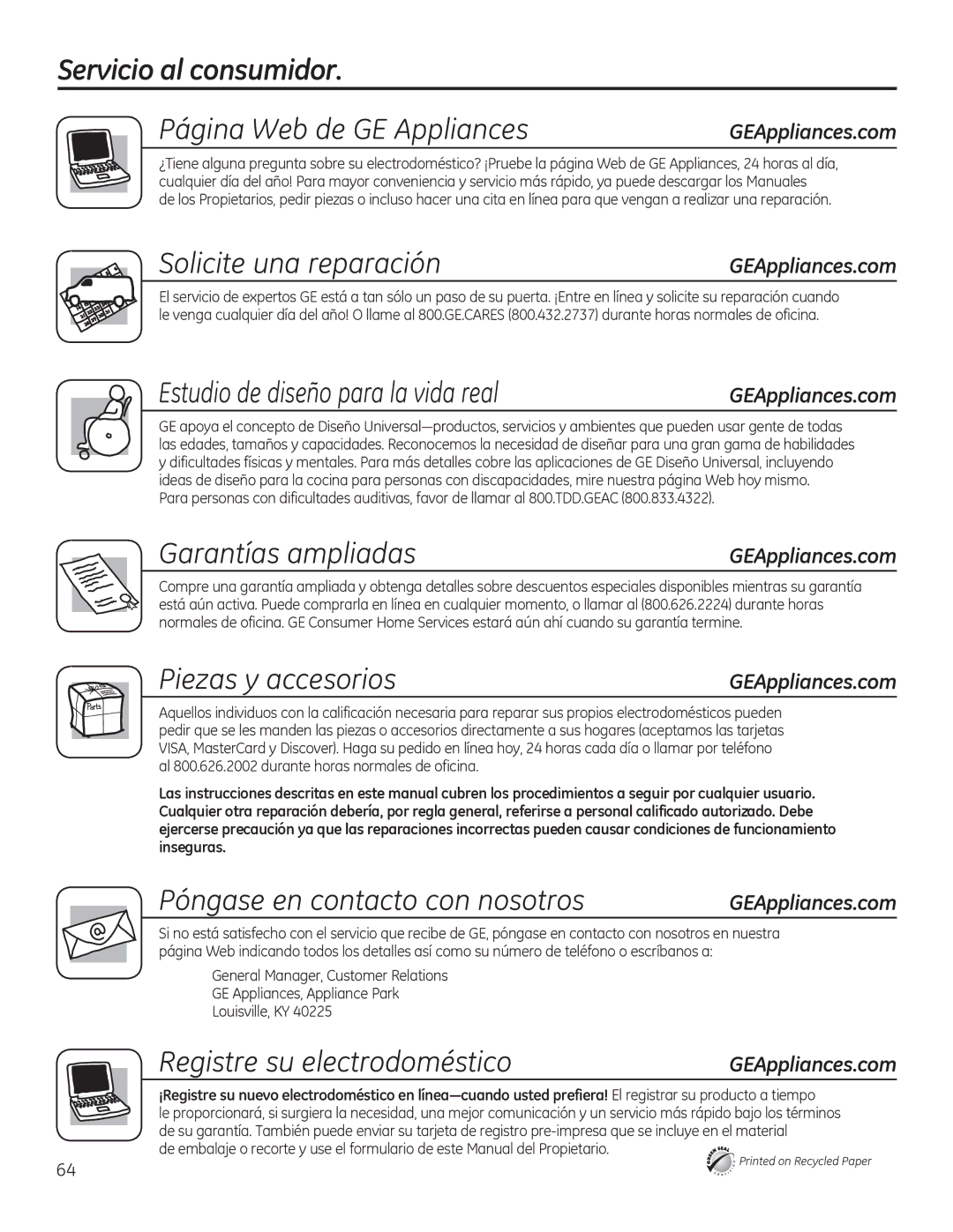 GE GDT580SMFES Servicio al consumidor Página Web de GE Appliances, Solicite una reparación, Garantías ampliadas 