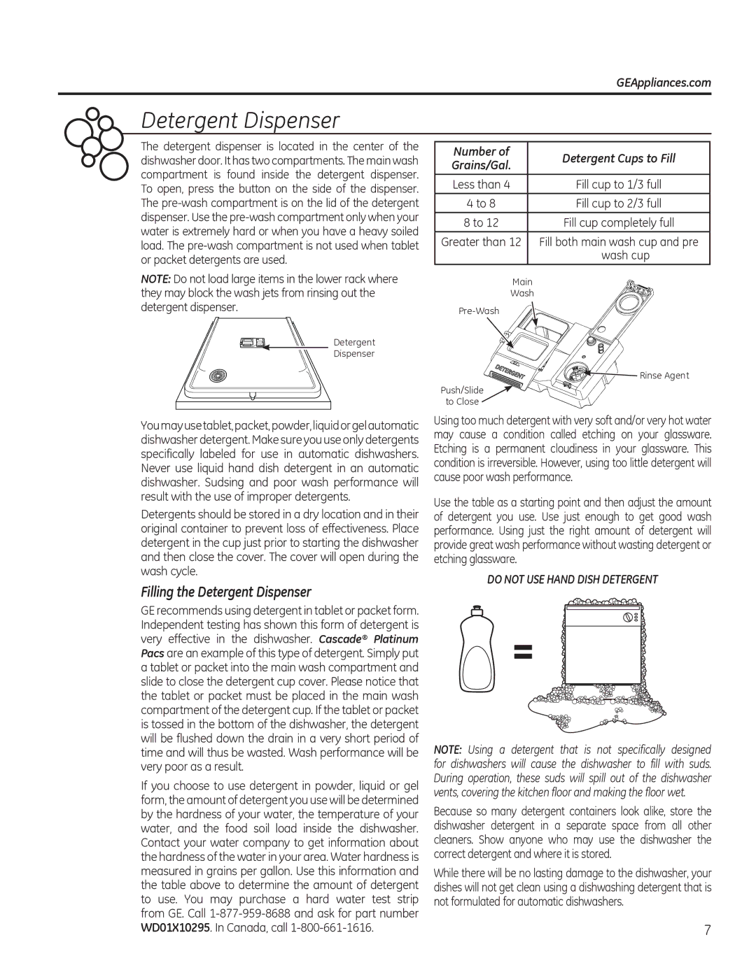 GE GDF520PGDWW, GDT580SSFSS Filling the Detergent Dispenser, GEAppliances.com, Number Detergent Cups to Fill, Wash cup 