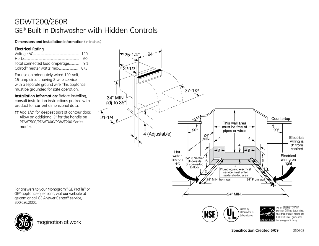 GE GDWF160, GDWT200RBB, GDWF100, GDWT200RWW, GDWT260R dimensions GDWT200/260R, GE Built-In Dishwasher with Hidden Controls 