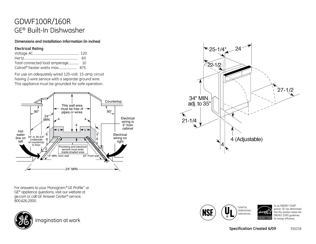 GE GDWF160R dimensions GDWF100R/160R, GE Built-In Dishwasher, 25-1/4 22-1/2 27-1/2, MIN Adj. to 21-1/4, Adjustable 