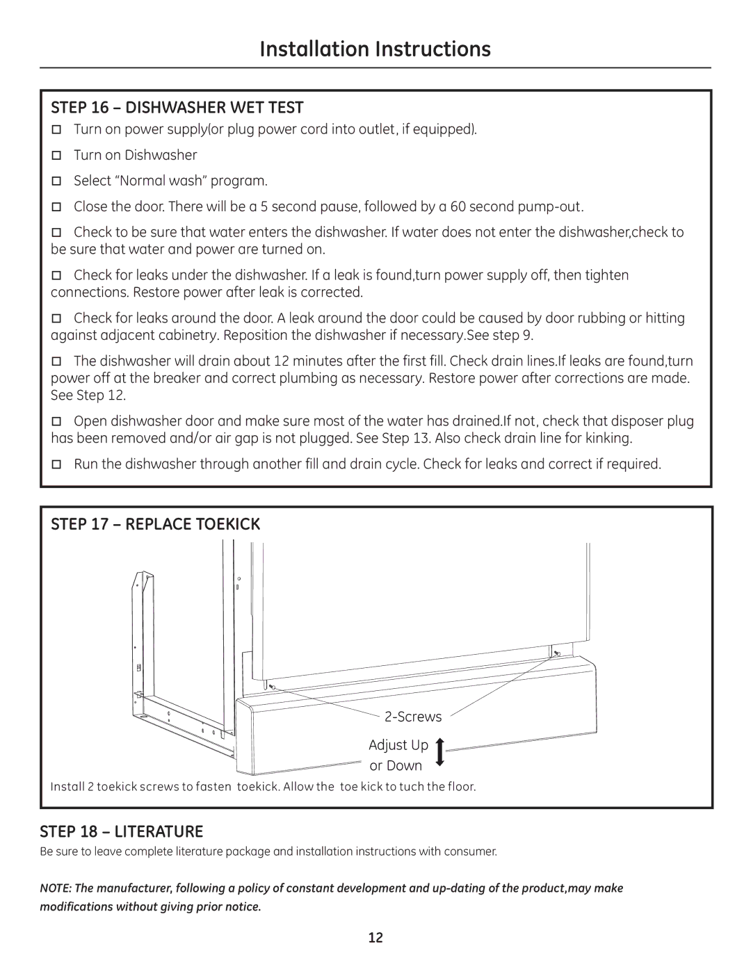 GE GE 31-30263 05-10 installation instructions Dishwasher WET Test, Replace Toekick, Literature 