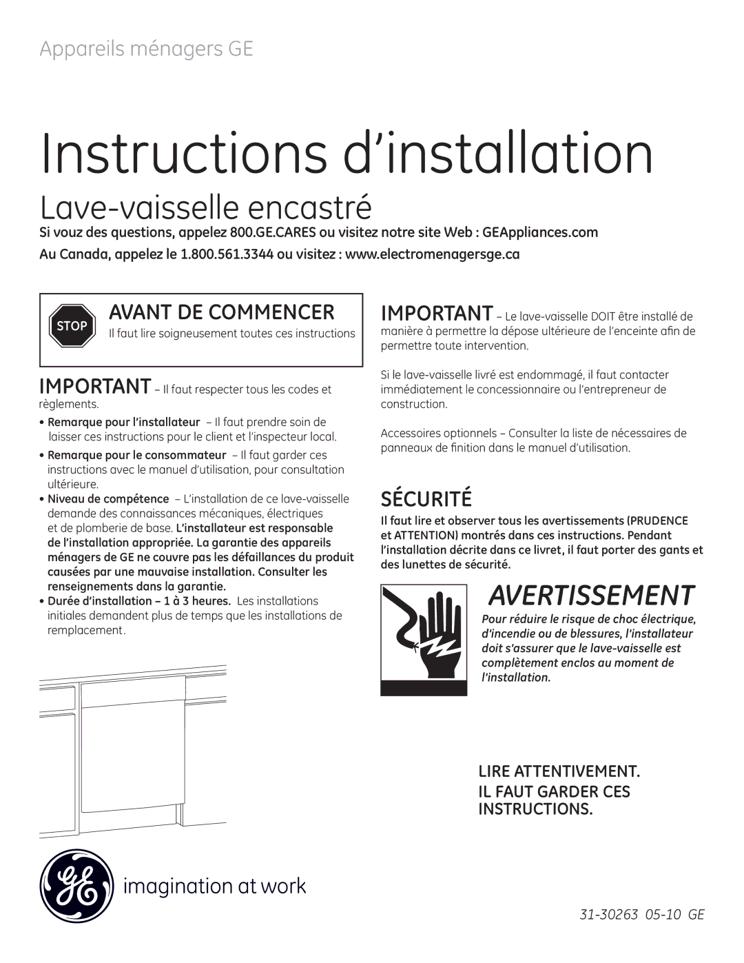 GE GE 31-30263 05-10 Instructions d’installation, Lire Attentivement IL Faut Garder CES Instructions 