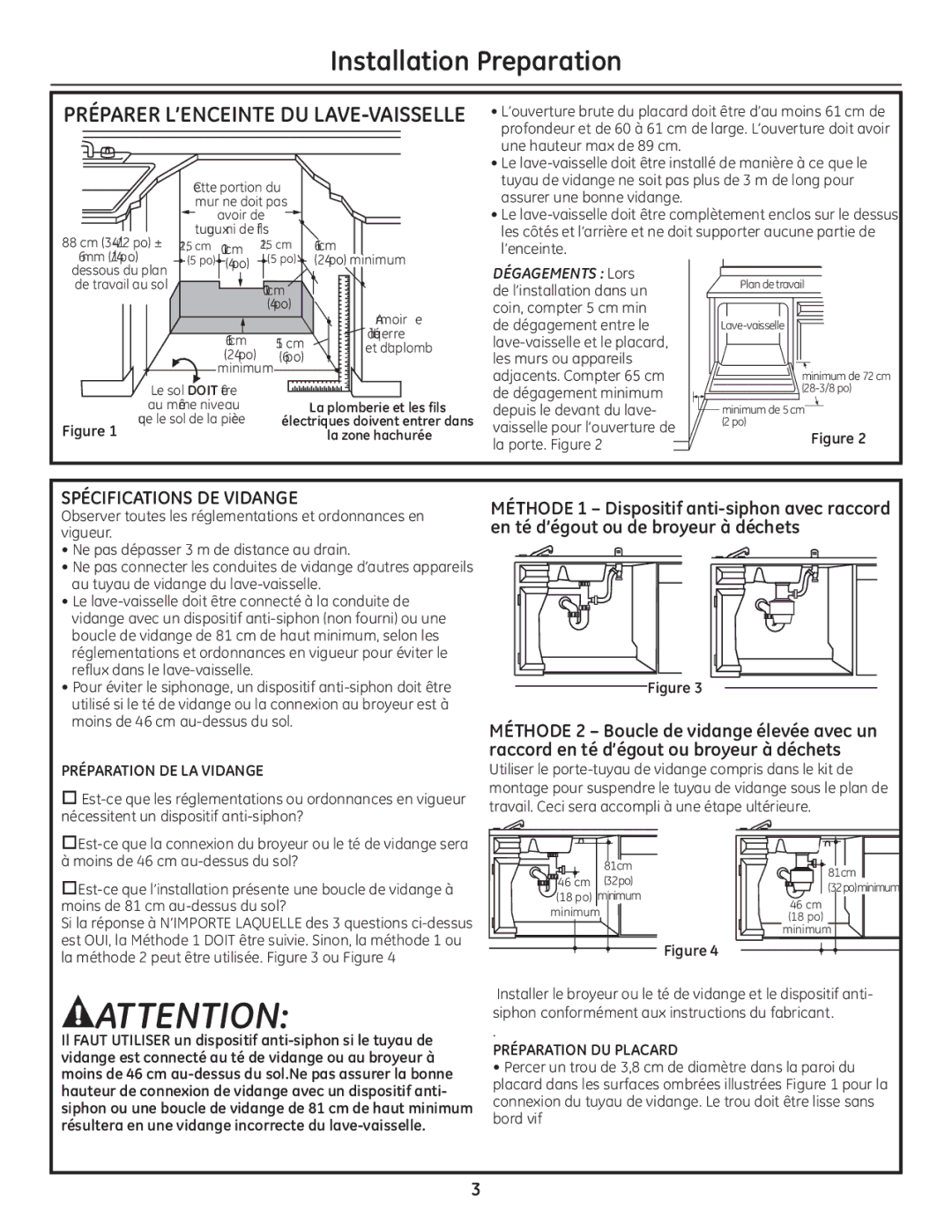 GE GE 31-30263 05-10 installation instructions Préparer L’ENCEINTE DU LAVE-VAISSELLE, Spécifications DE Vidange 