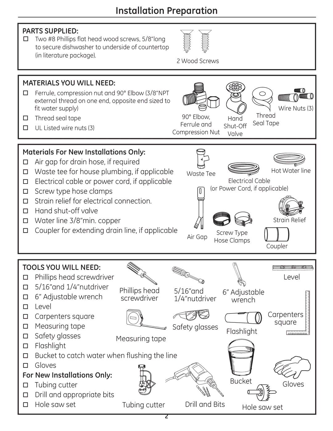 GE GE 31-30263 05-10 Installation Preparation, Parts Supplied, Materials YOU will Need, Tools YOU will Need 