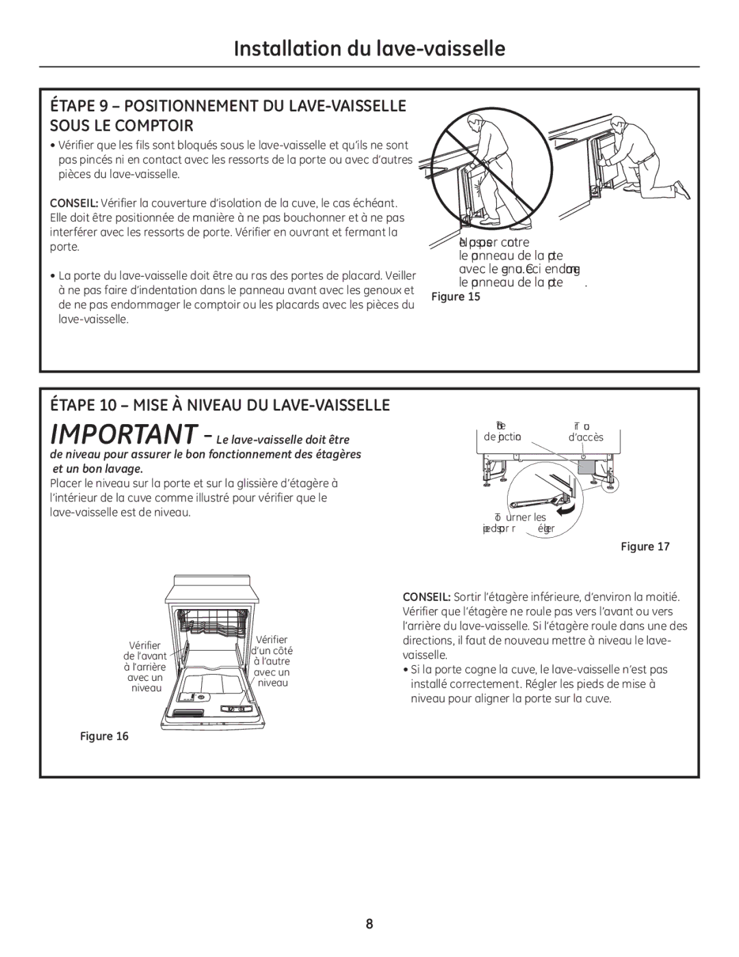 GE GE 31-30263 05-10 Étape 9 Positionnement DU LAVE-VAISSELLE Sous LE Comptoir, Étape 10 Mise À Niveau DU LAVE-VAISSELLE 