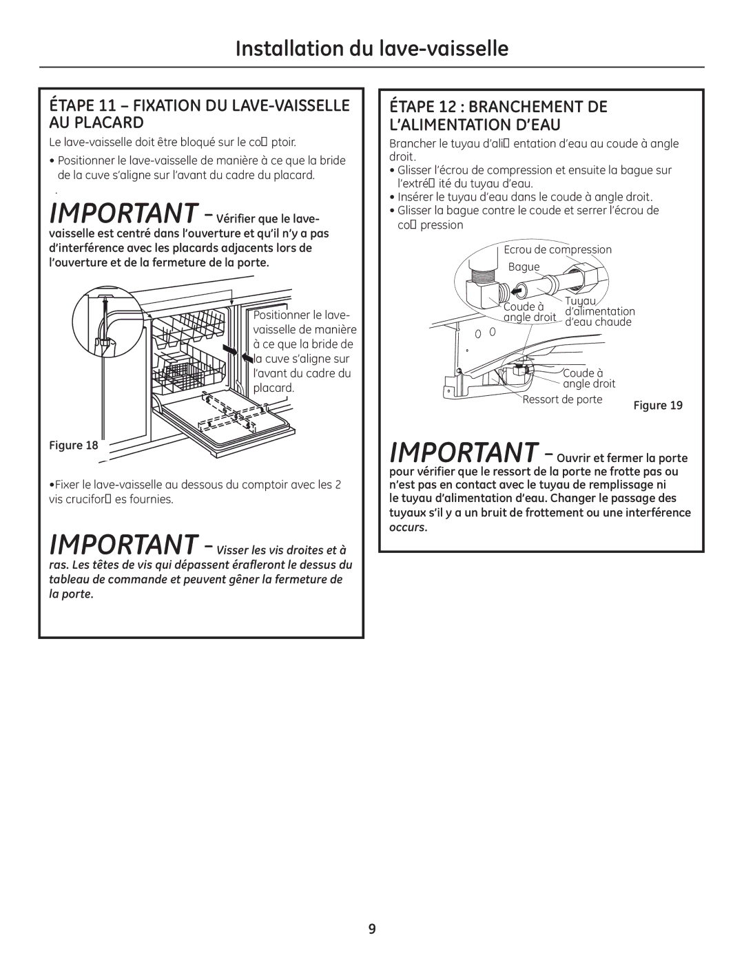 GE GE 31-30263 05-10 installation instructions Étape 11 Fixation DU LAVE-VAISSELLE AU Placard, Ressort de porte 