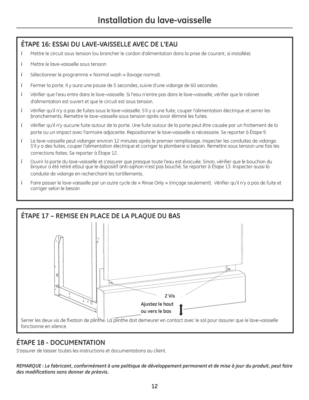 GE GE 31-30263 05-10 Étape 16 Essai DU LAVE-VAISSELLE Avec DE L’EAU, Étape 17 Remise EN Place DE LA Plaque DU BAS 