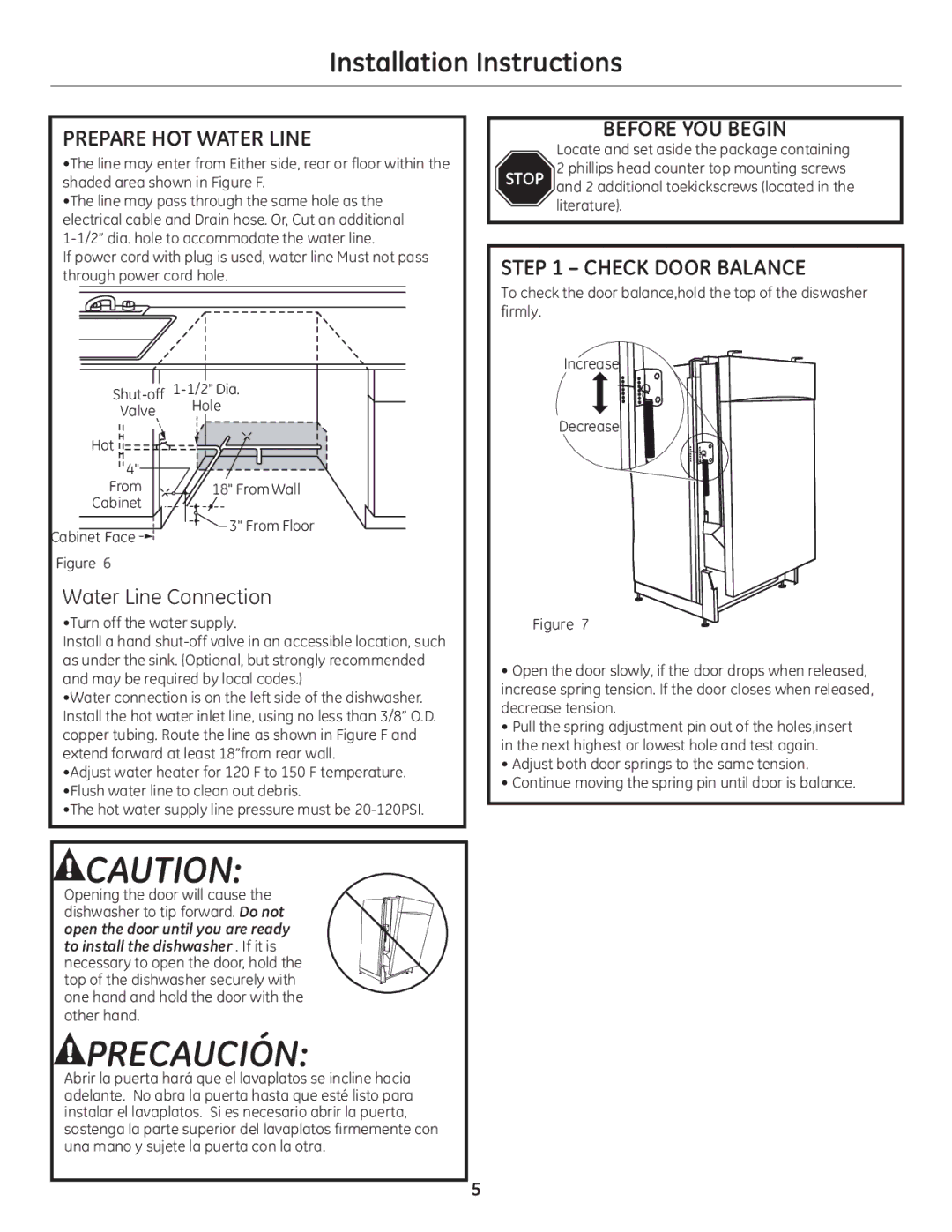 GE GE 31-30263 05-10 Installation Instructions, Prepare HOT Water Line, Before YOU Begin, Check Door Balance 