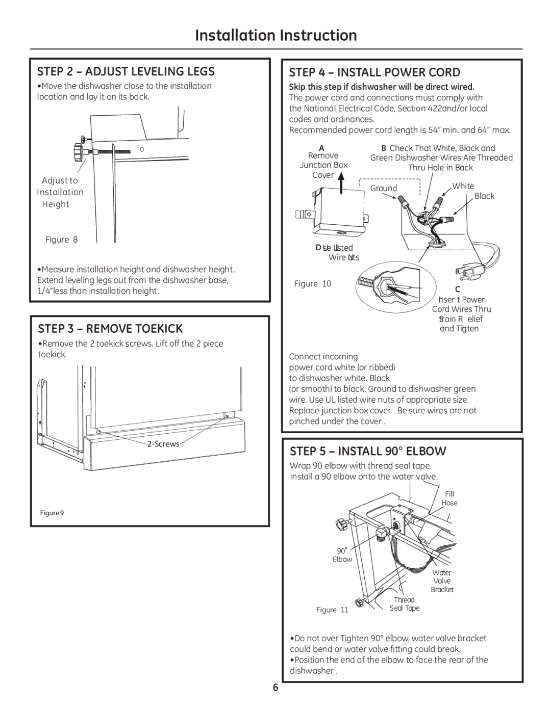 GE GE 31-30263 05-10 Installation Instruction, Adjust Leveling Legs, Remove Toekick, Install Power Cord, Install 90 Elbow 