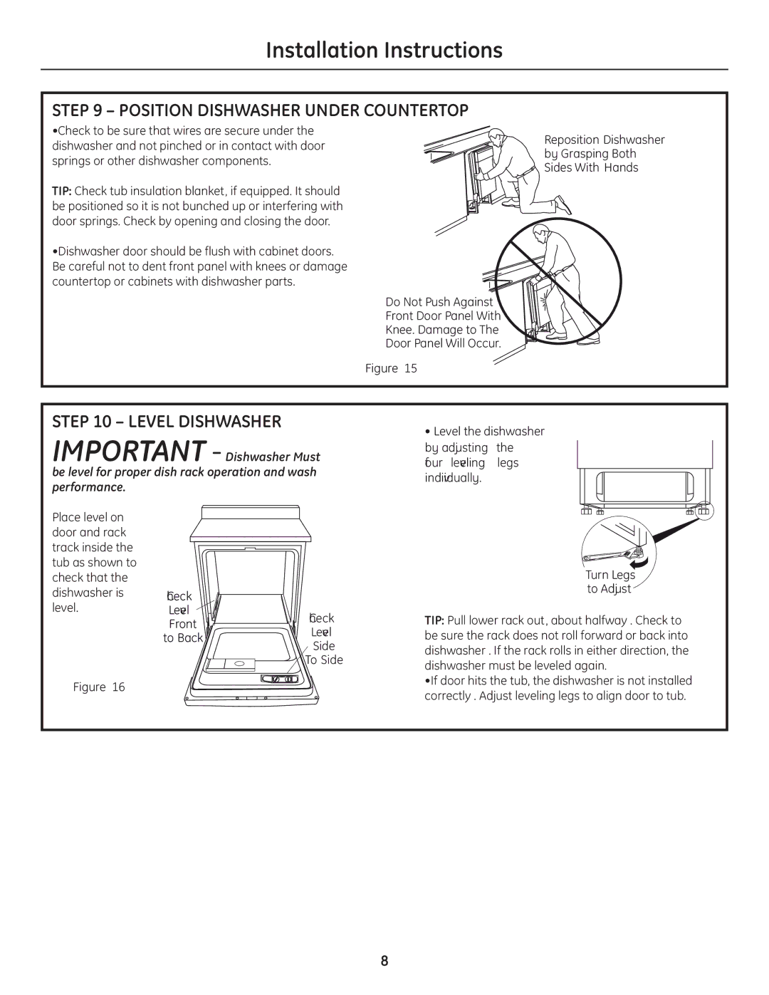 GE GE 31-30263 05-10 installation instructions Level Dishwasher, HecC k Levl Side To Side Turn Legs to Adjust 