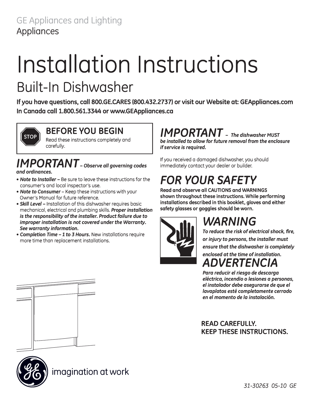 GE GE 31-30263 05-10 installation instructions Installation Instructions, Built-InDishwasher, For Your Safety, Advertencia 