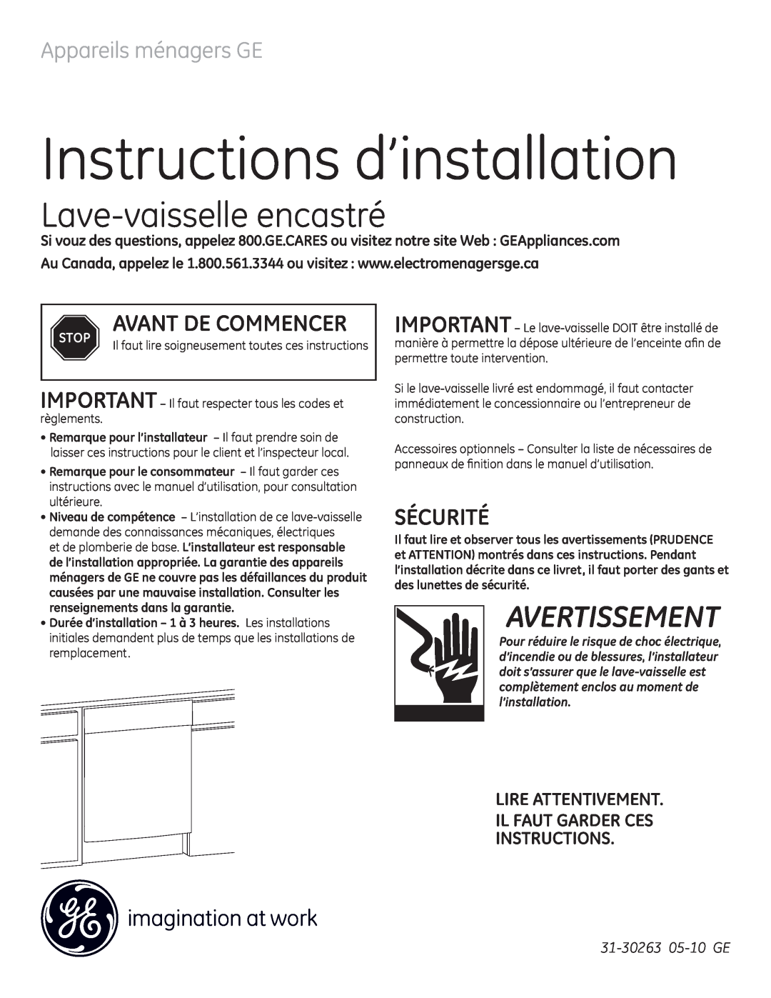 GE GE 31-30263 05-10 Instructions d’installation, Lave-vaisselleencastré, Avertissement, Appareils ménagers GE, Sécurité 