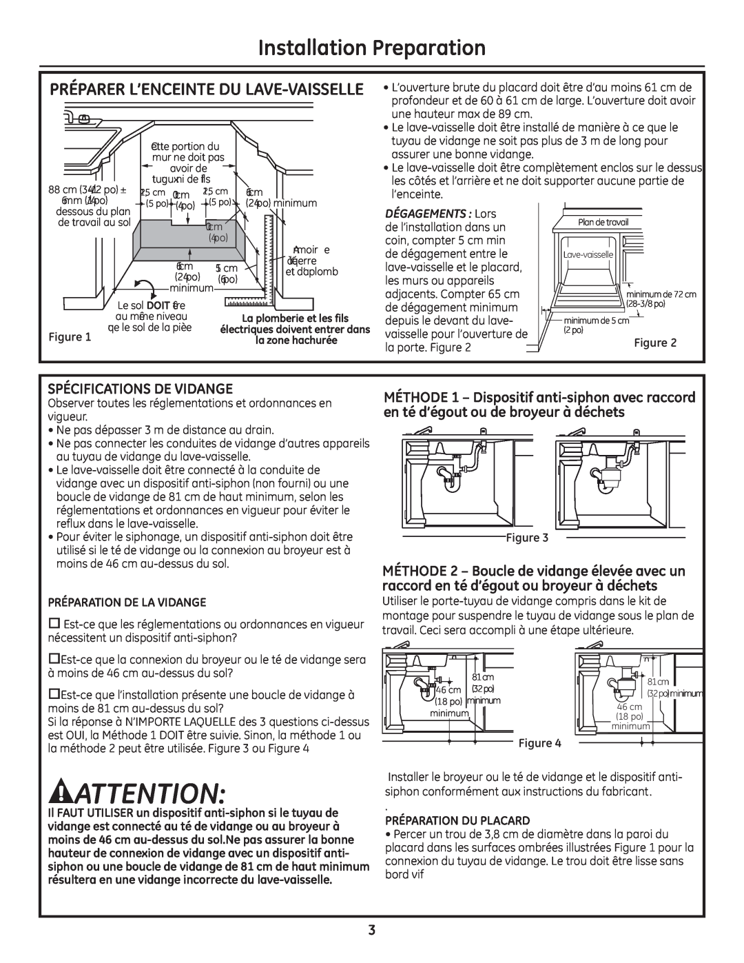 GE GE 31-30263 05-10 Installation Preparation, Préparer L’Enceinte Du Lave-Vaisselle, Spécifications De Vidange 