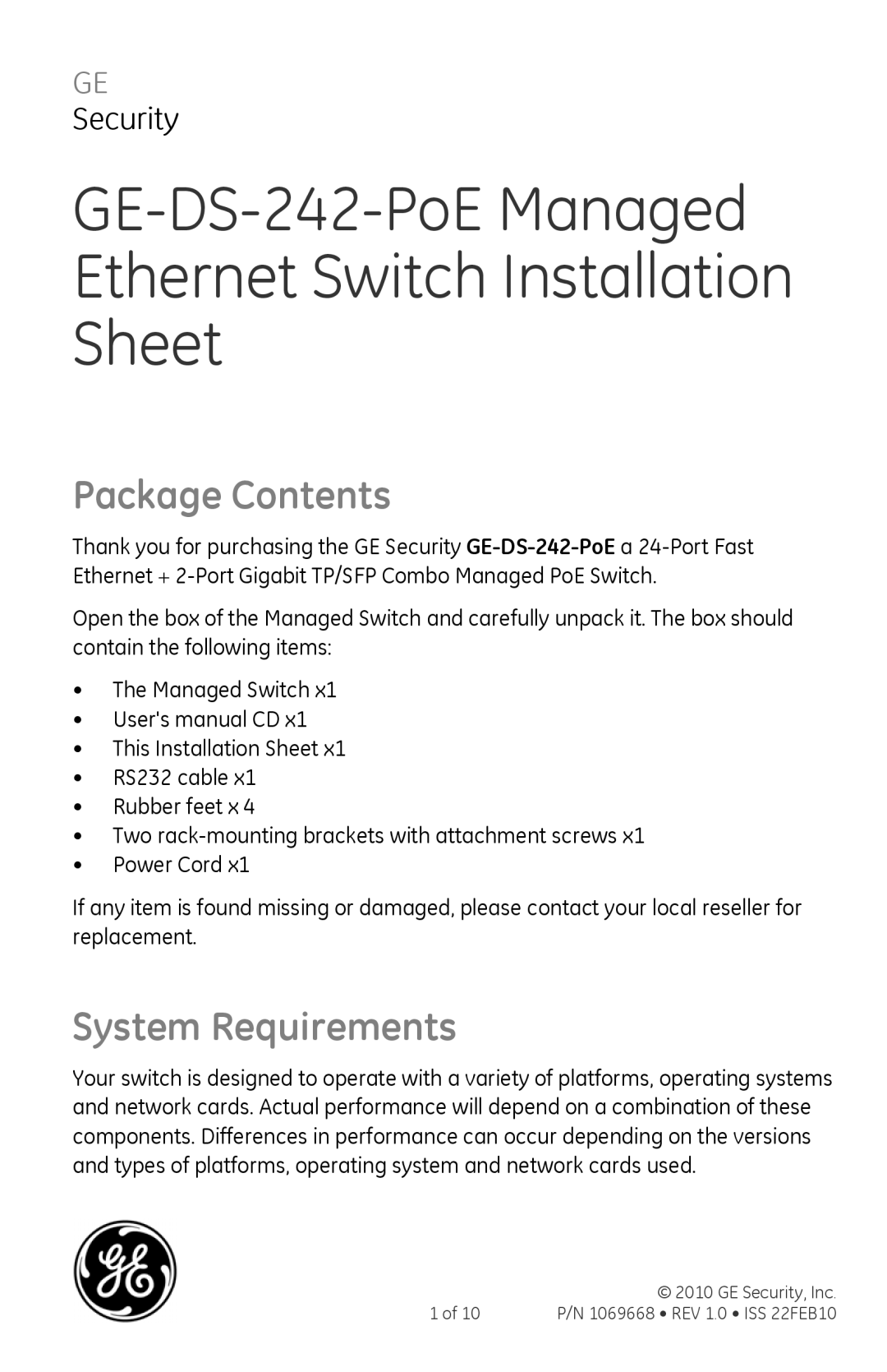 GE GE-DS-242-POE user manual Package Contents, System Requirements 