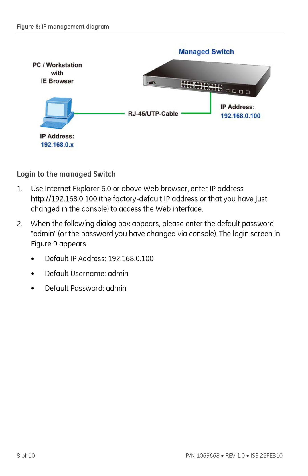 GE GE-DS-242-POE user manual Login to the managed Switch, IP management diagram 