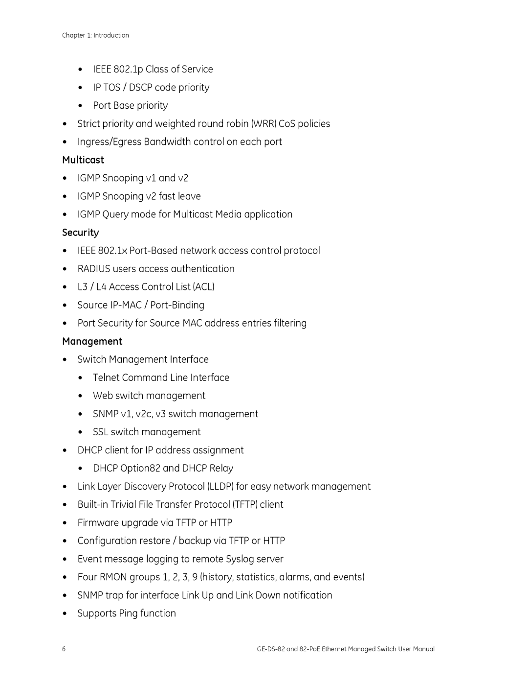 GE GE-DS-82, 82-POE user manual Multicast, Security, Management 