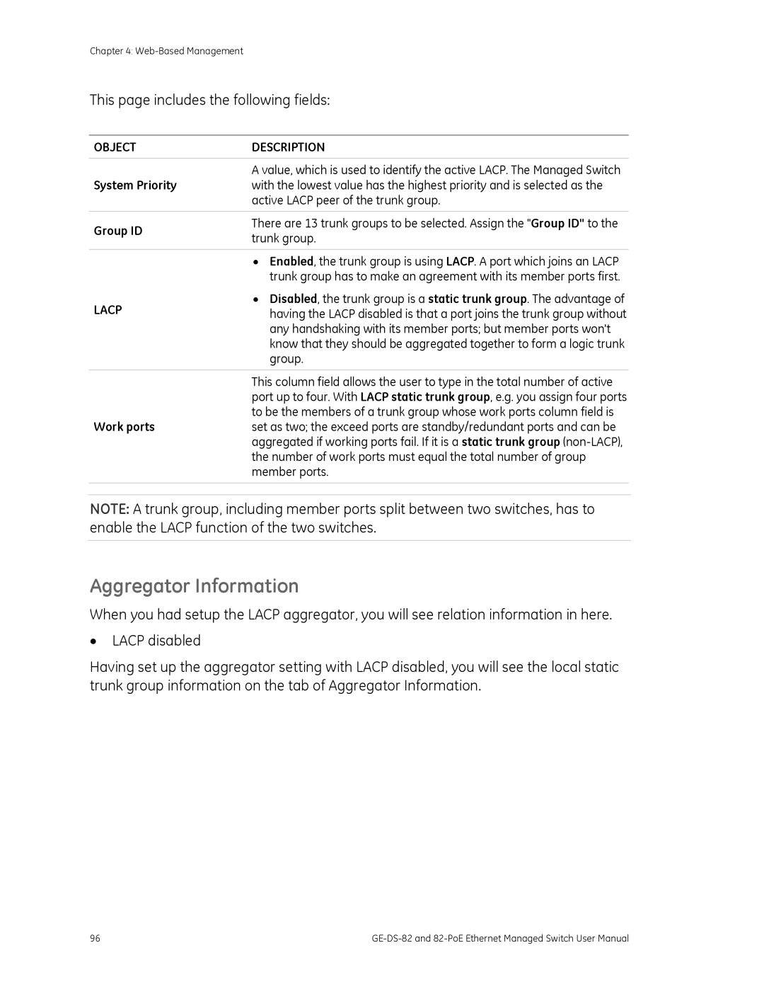 GE GE-DS-82, 82-POE user manual Aggregator Information, System Priority, Lacp, Work ports 