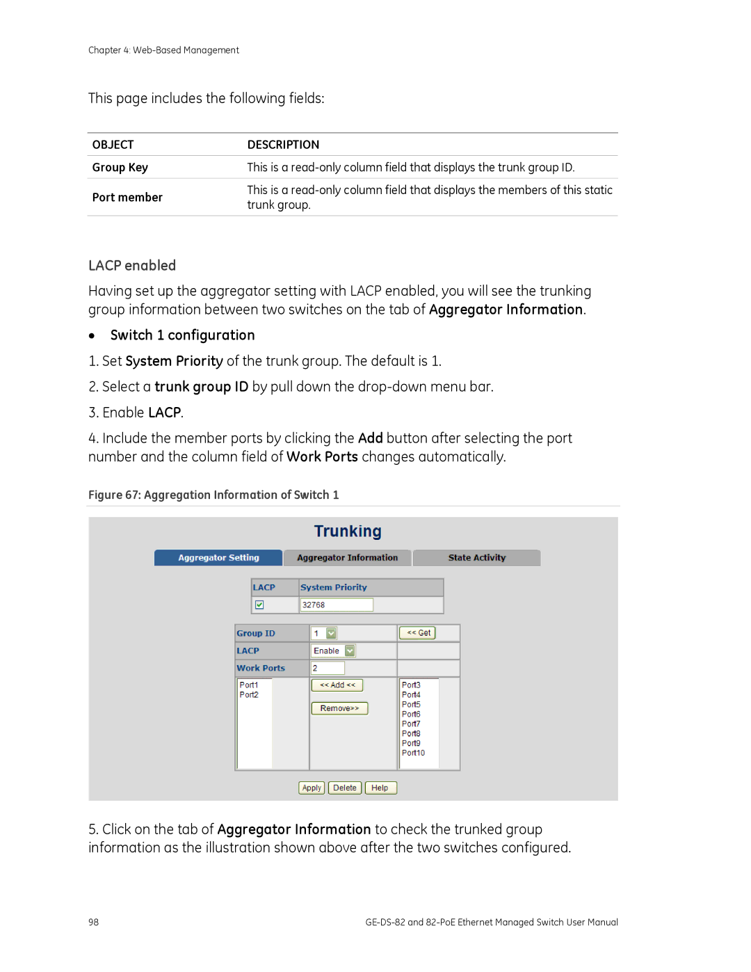 GE GE-DS-82, 82-POE user manual Lacp enabled, Switch 1 configuration, Trunk group 