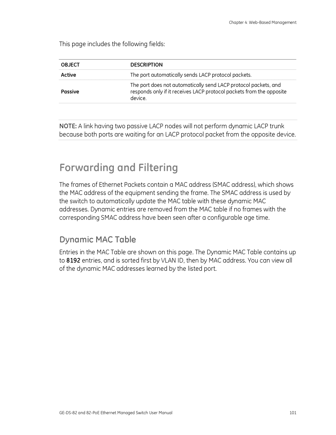 GE 82-POE, GE-DS-82 user manual Forwarding and Filtering, Dynamic MAC Table 