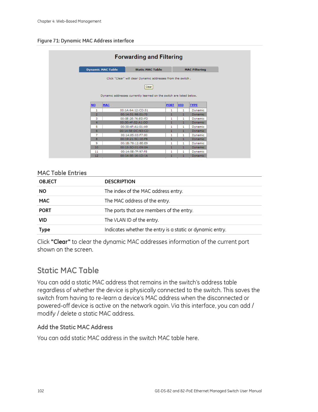 GE GE-DS-82, 82-POE user manual Static MAC Table, MAC Table Entries, Add the Static MAC Address 