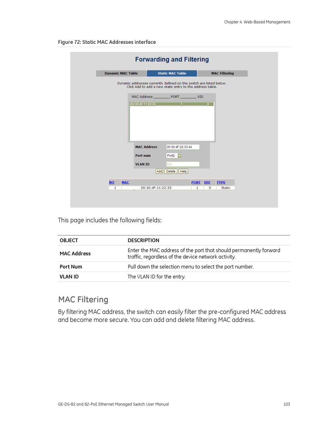 GE 82-POE, GE-DS-82 user manual MAC Filtering, Vlan ID for the entry 