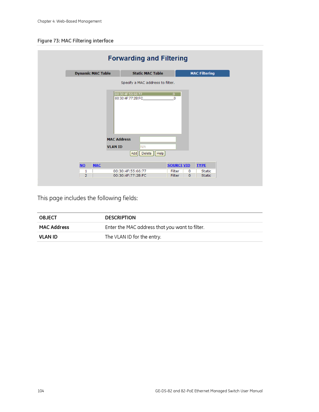 GE GE-DS-82, 82-POE user manual MAC Filtering interface, MAC Address Enter the MAC address that you want to filter 