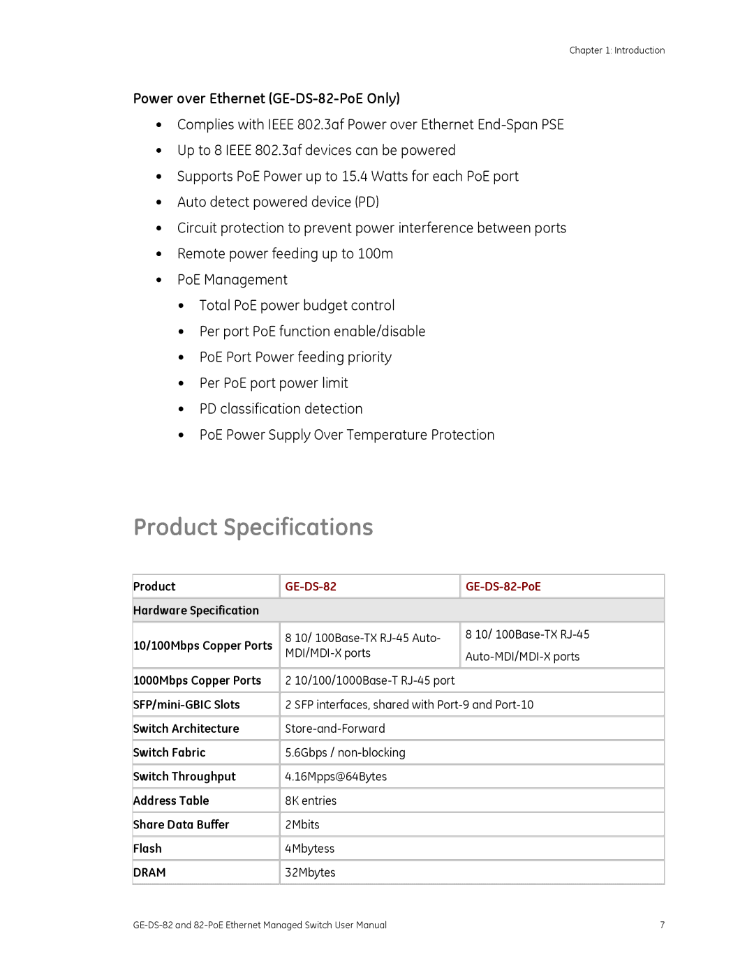 GE 82-POE user manual Product Specifications, Power over Ethernet GE-DS-82-PoE Only, Dram 