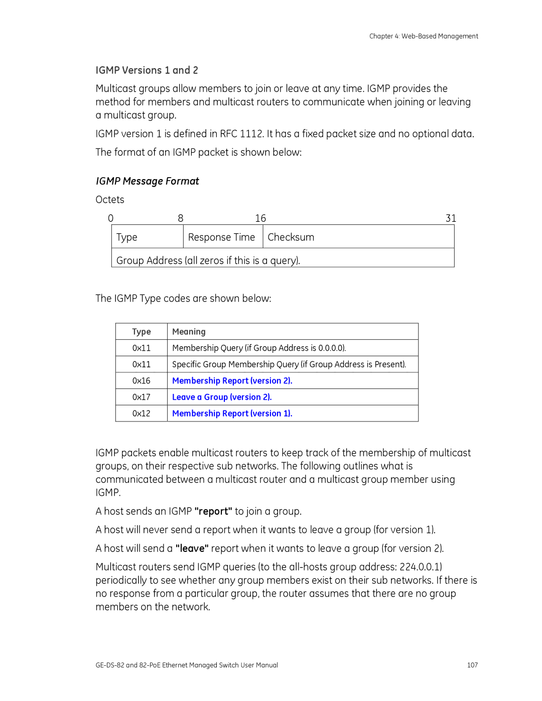 GE 82-POE, GE-DS-82 user manual Igmp Versions 1, Octets Type Response Time 