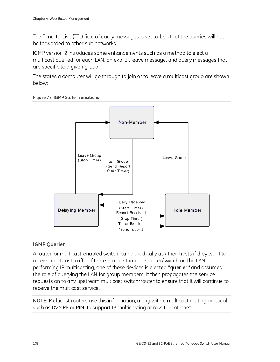 GE GE-DS-82, 82-POE user manual Igmp Querier, Igmp State Transitions 